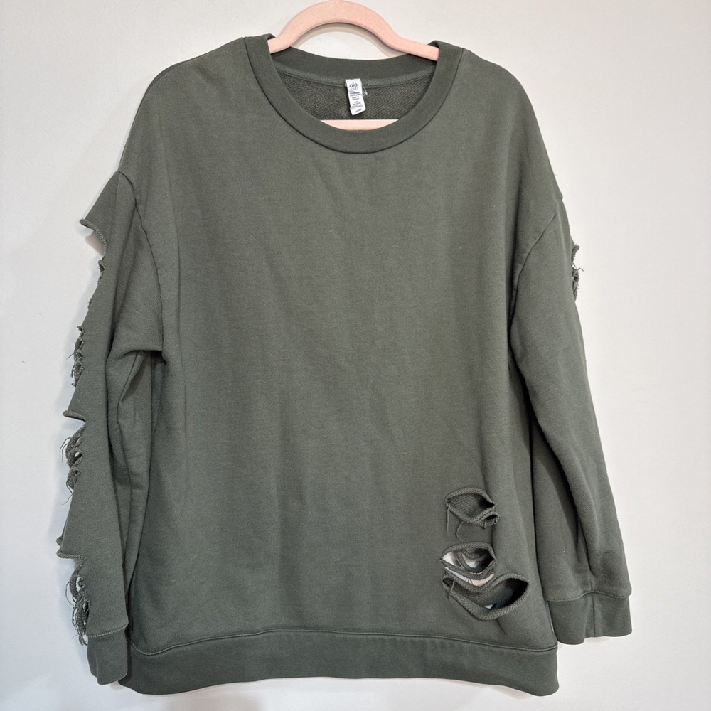 ALO Yoga Fade Distressed Pullover Crewneck Sweatshirt Womens Size M Green #094